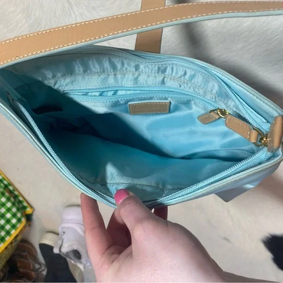 Lauren Ralph Lauren Turquoise Nylon Tan Leather Shoulder Handbag - Picture 8 of 9